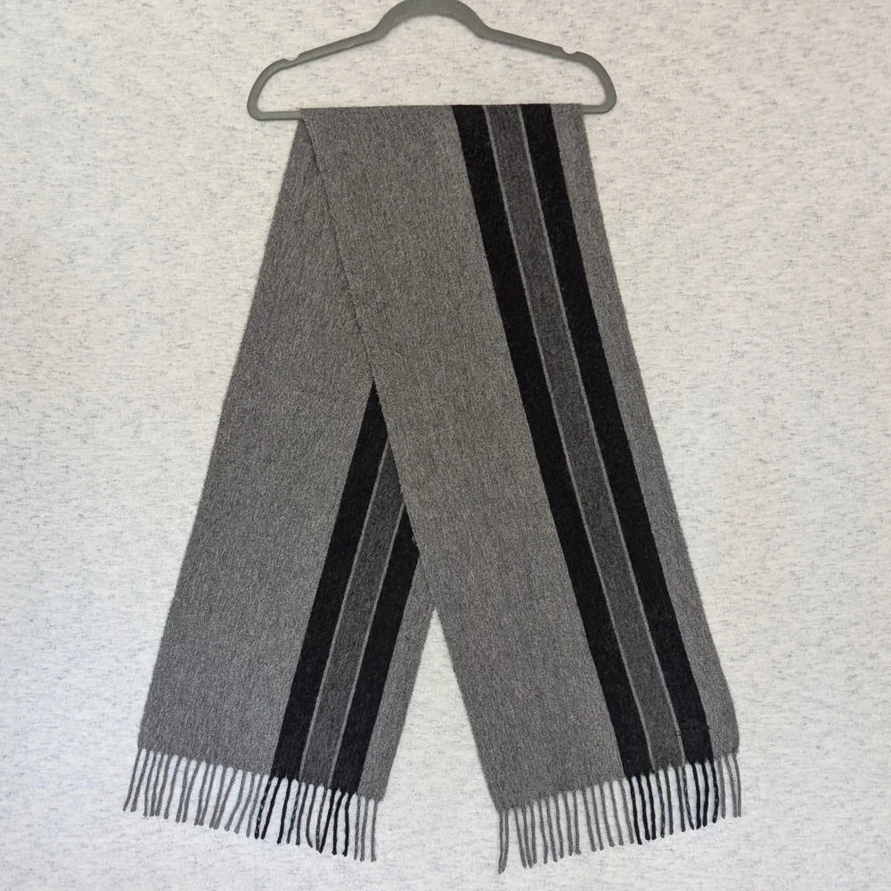 COACH 90/10 Wool & Cashmere Striped Fringe Scarf - Grey/Black